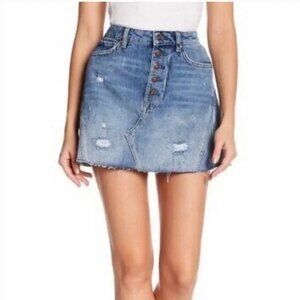 Free People Denim Button Fly Distressed Raw Hem Denim A-Line Skirt Size 30